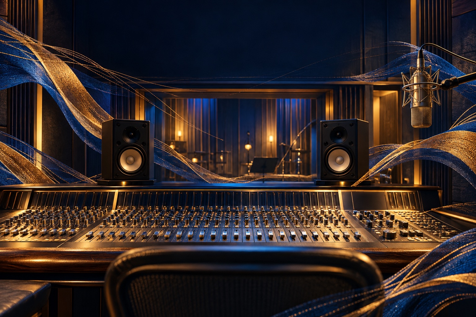 Recording studio illustration with a mixing console, speakers, microphone, and woven blue and gold threads